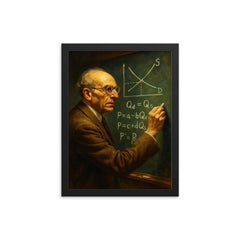 Abba Lerner chalking market equations framed print on a plain backdrop in size 12"x16".