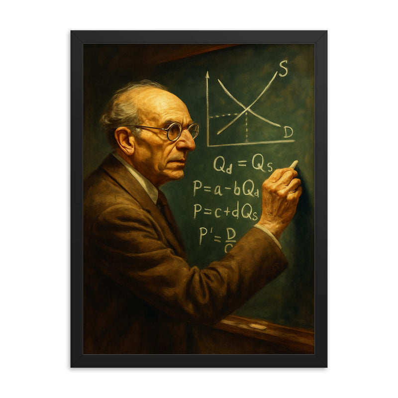 Abba Lerner chalking market equations framed print on a plain backdrop in size 18