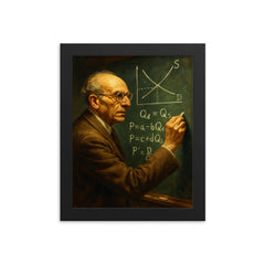 Abba Lerner chalking market equations framed print on a plain backdrop in size 8"x10".