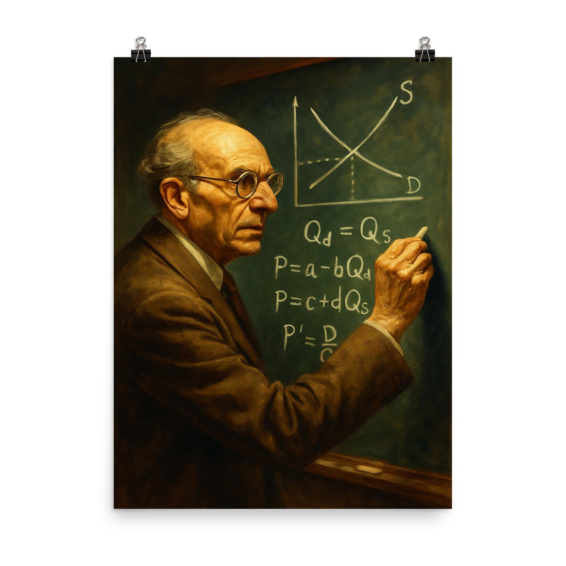 Abba Lerner chalking market equations poster on a plain backdrop in size 8