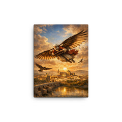 Abbas Ibn Firnas gliding experiment over Cordoba canvas print on a plain backdrop in size 12"x16".