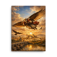 Abbas Ibn Firnas gliding experiment over Cordoba canvas print on a plain backdrop in size 18"x24".