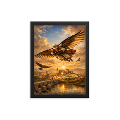 Abbas Ibn Firnas gliding experiment over Cordoba framed print on a plain backdrop in size 12"x16".