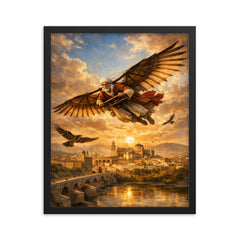 Abbas Ibn Firnas gliding experiment over Cordoba framed print on a plain backdrop in size 16"x20".