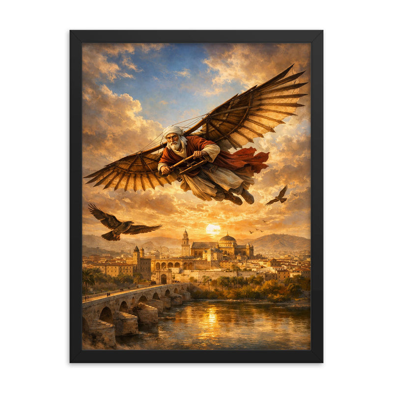 Abbas Ibn Firnas gliding experiment over Cordoba framed print on a plain backdrop in size 18