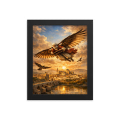 Abbas Ibn Firnas gliding experiment over Cordoba framed print on a plain backdrop in size 8"x10".