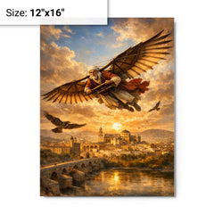 Abbas Ibn Firnas gliding experiment over Cordoba metal print on a plain backdrop in size 12"x16".