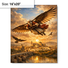 Abbas Ibn Firnas gliding experiment over Cordoba metal print on a plain backdrop in size 16"x20".