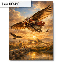 Abbas Ibn Firnas gliding experiment over Cordoba metal print on a plain backdrop in size 18"x24".