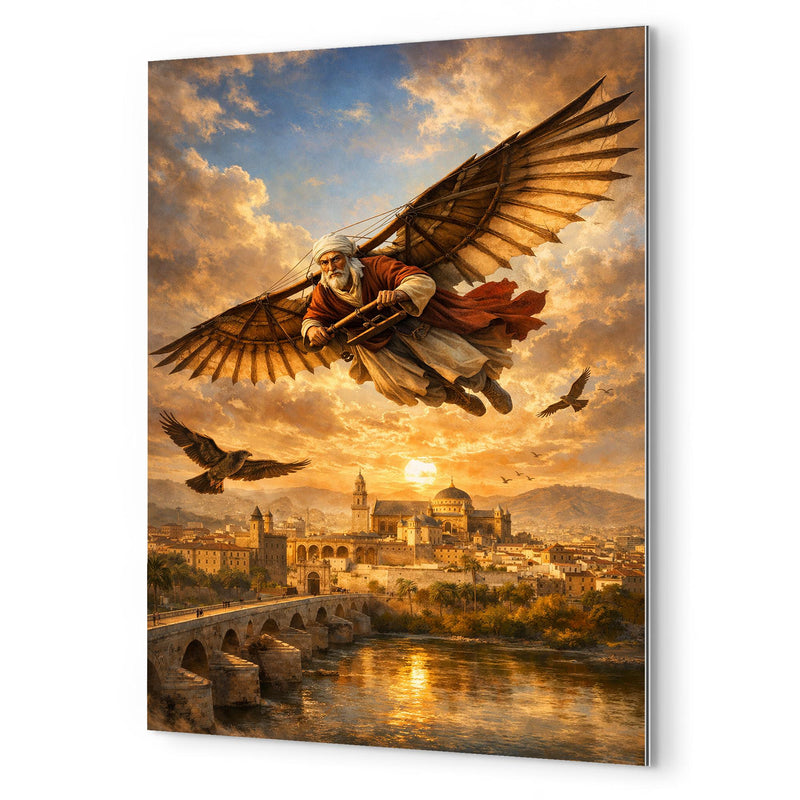 Abbas Ibn Firnas gliding experiment over Cordoba metal print mockup