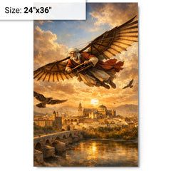 Abbas Ibn Firnas gliding experiment over Cordoba metal print on a plain backdrop in size 24"x36".