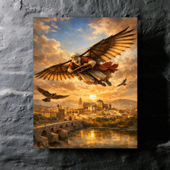 Abbas Ibn Firnas gliding experiment over Cordoba metal print mockup