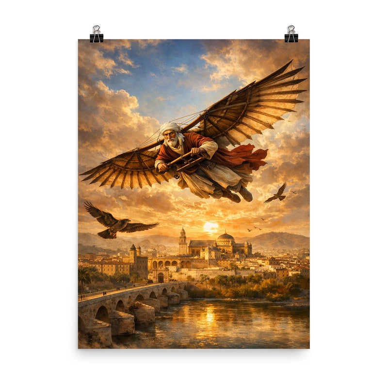 Abbas Ibn Firnas gliding experiment over Cordoba poster on a plain backdrop in size 8