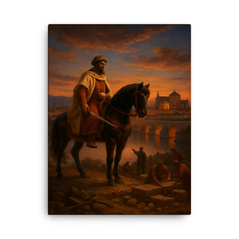 Abd al Rahman I founding Córdoba at dusk canvas print on a plain backdrop in size 18