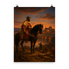 Abd al Rahman I founding Córdoba at dusk poster on a plain backdrop in size 8"x10".