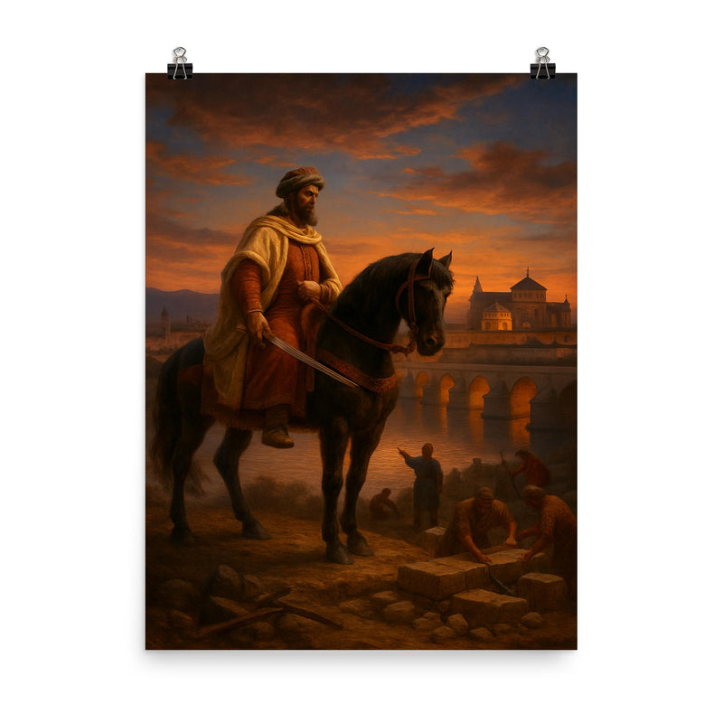 Abd al Rahman I founding Córdoba at dusk poster on a plain backdrop in size 8