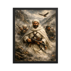 Abd el Krim leading Rif fighters in mountain fog framed print on a plain backdrop in size 16"x20".
