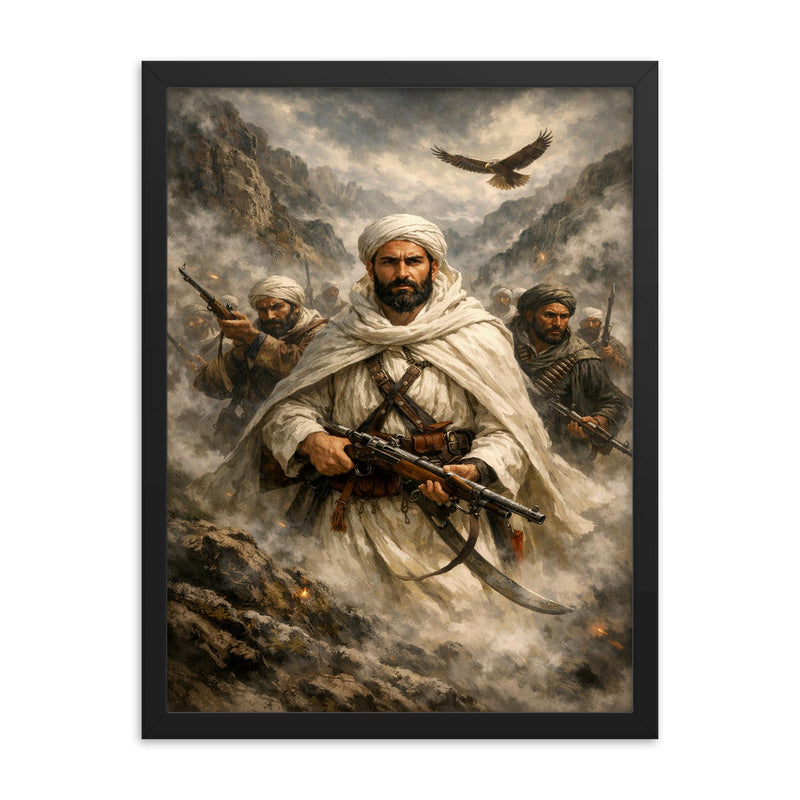 Abd el Krim leading Rif fighters in mountain fog framed print on a plain backdrop in size 18