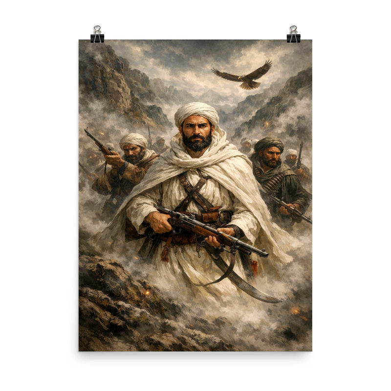 Abd el Krim leading Rif fighters in mountain fog poster on a plain backdrop in size 8