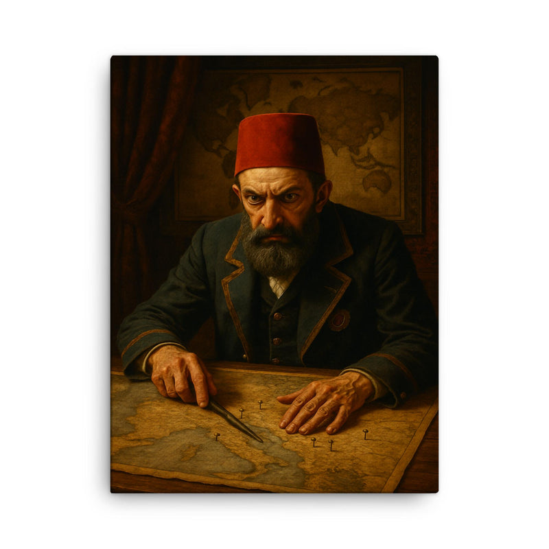 Abdülhamid II in paranoid map room canvas print on a plain backdrop in size 18