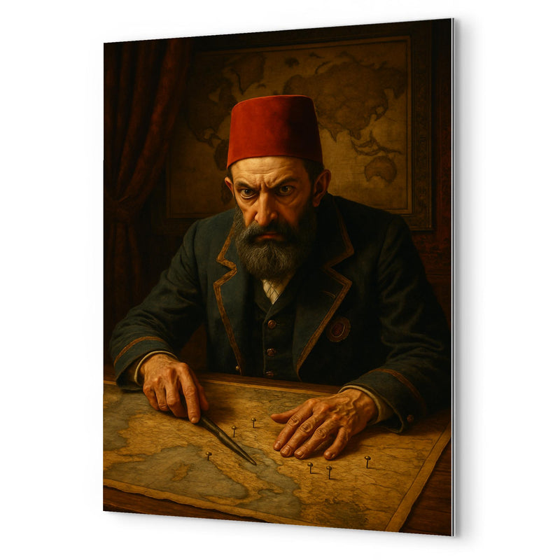 Abdülhamid II in paranoid map room metal print mockup