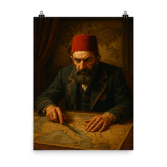 Abdülhamid II in paranoid map room poster on a plain backdrop in size 8"x10".