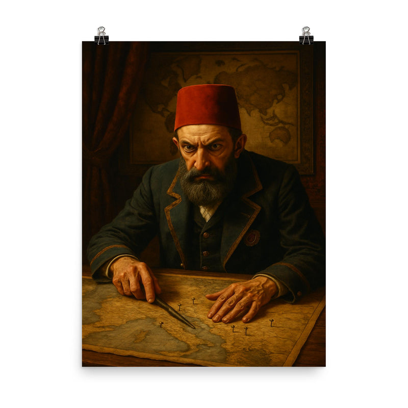 Abdülhamid II in paranoid map room poster on a plain backdrop in size 8