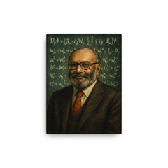 Abdus Salam beneath chalkboard electroweak equations canvas print on a plain backdrop in size 12"x16".