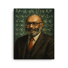 Abdus Salam beneath chalkboard electroweak equations canvas print on a plain backdrop in size 16"x20".