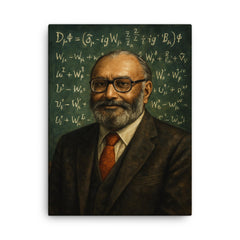 Abdus Salam beneath chalkboard electroweak equations canvas print on a plain backdrop in size 18"x24".