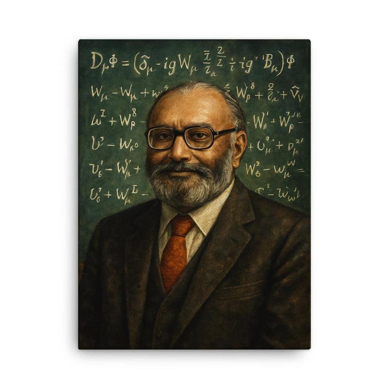 Abdus Salam beneath chalkboard electroweak equations canvas print on a plain backdrop in size 18