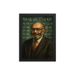 Abdus Salam beneath chalkboard electroweak equations framed print on a plain backdrop in size 12"x16".