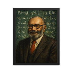 Abdus Salam beneath chalkboard electroweak equations framed print on a plain backdrop in size 16"x20".