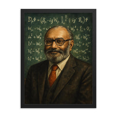 Abdus Salam beneath chalkboard electroweak equations framed print on a plain backdrop in size 18"x24".