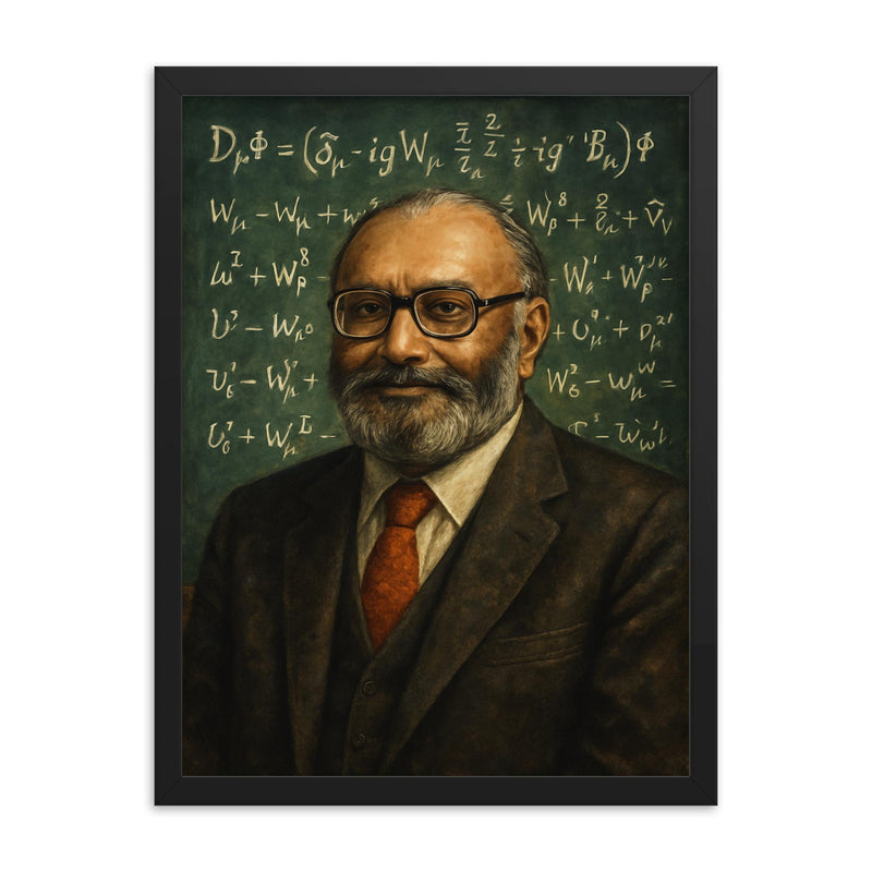Abdus Salam beneath chalkboard electroweak equations framed print on a plain backdrop in size 18