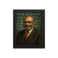 Abdus Salam beneath chalkboard electroweak equations framed print on a plain backdrop in size 8"x10".
