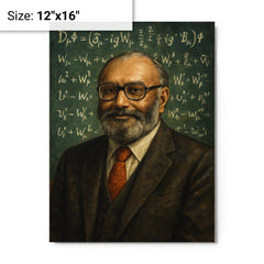 Abdus Salam beneath chalkboard electroweak equations metal print on a plain backdrop in size 12"x16".