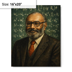 Abdus Salam beneath chalkboard electroweak equations metal print on a plain backdrop in size 16"x20".