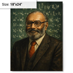 Abdus Salam beneath chalkboard electroweak equations metal print on a plain backdrop in size 18"x24".