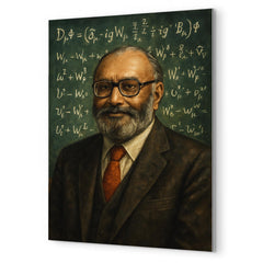 Abdus Salam beneath chalkboard electroweak equations metal print mockup