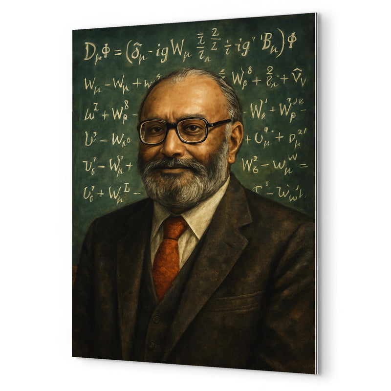 Abdus Salam beneath chalkboard electroweak equations metal print mockup