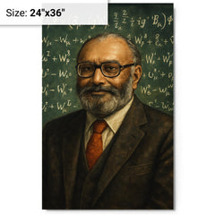 Abdus Salam beneath chalkboard electroweak equations metal print on a plain backdrop in size 24"x36".