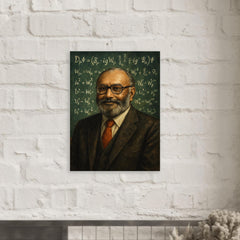 Abdus Salam beneath chalkboard electroweak equations metal print mockup