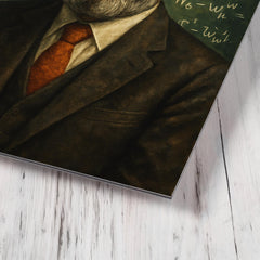 Abdus Salam beneath chalkboard electroweak equations metal print mockup