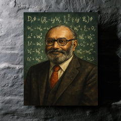 Abdus Salam beneath chalkboard electroweak equations metal print mockup