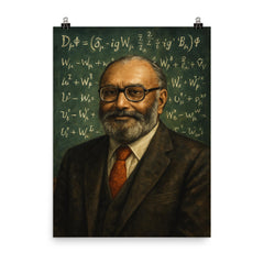 Abdus Salam beneath chalkboard electroweak equations poster on a plain backdrop in size 8"x10".
