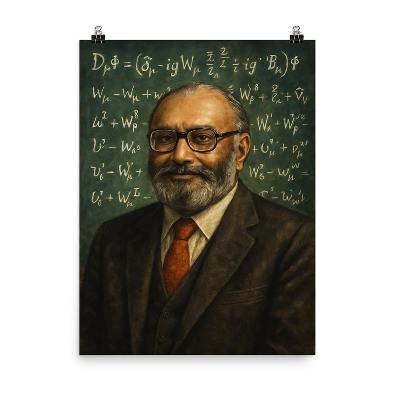 Abdus Salam beneath chalkboard electroweak equations poster on a plain backdrop in size 8