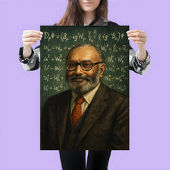 Abdus Salam beneath chalkboard electroweak equations poster 3