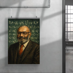 Abdus Salam beneath chalkboard electroweak equations poster 4