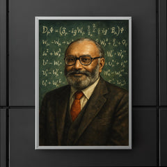 Abdus Salam beneath chalkboard electroweak equations poster 5